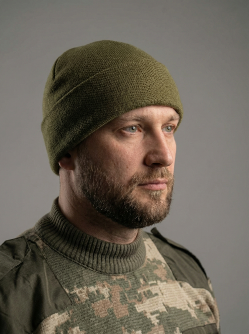 Шапка вязаная 2-х нитка с отворотом цв.Олива