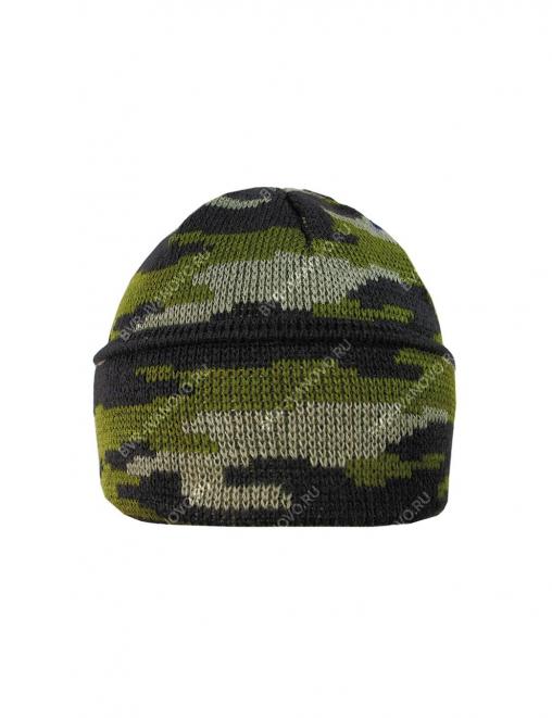 Шапка вязаная 3-х нитка с отворотом цв.Зеленый КМФ/подклад Флис