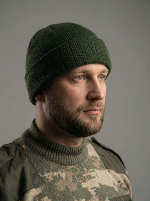 Шапка вязаная 3-х нитка с отворотом цв.Олива