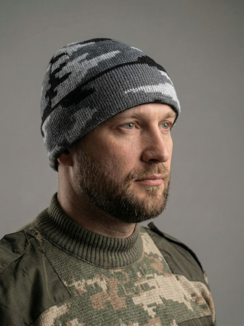 Шапка вязаная 2-х нитка с отворотом цв.Серый КМФ