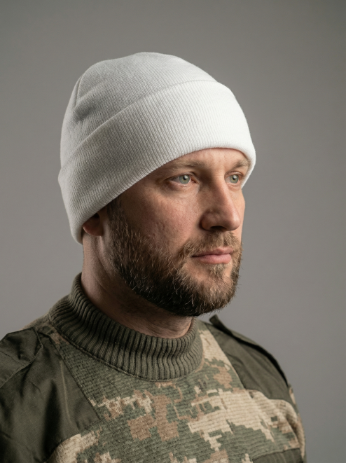 Шапка вязаная RS 2-х нитка с отворотом цв.Белый ут.Флис