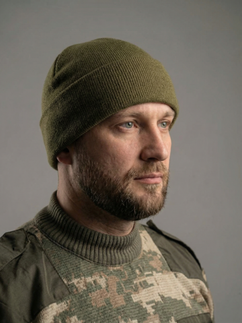 Шапка вязаная 2-х нитка с отворотом цв.Олива/ Флис