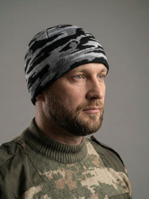 Шапка вязаная 2-х нитка без отворота цв.Серый КМФ