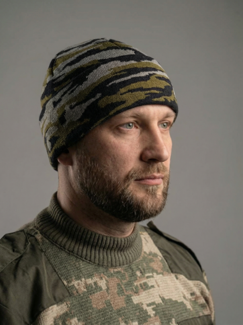 Шапка вязаная 2-х нитка с отворотом цв.Зеленый КМФ