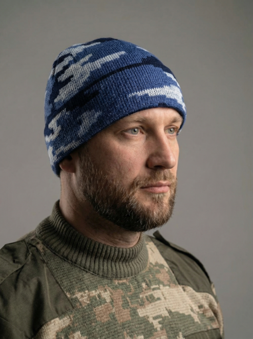 Шапка вязаная 3-х нитка с отворотом цв.Синий КМФ