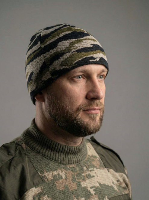 Шапка вязаная 2-х нитка без отворота цв.Зеленый КМФ