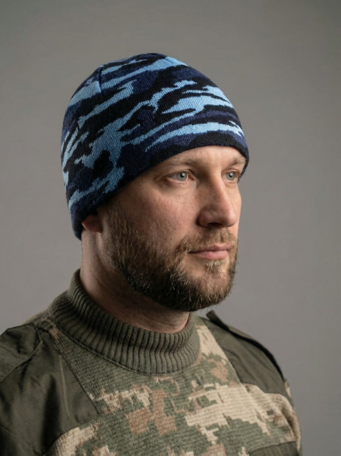 Шапка вязаная 2-х нитка без отворота цв.Синий КМФ