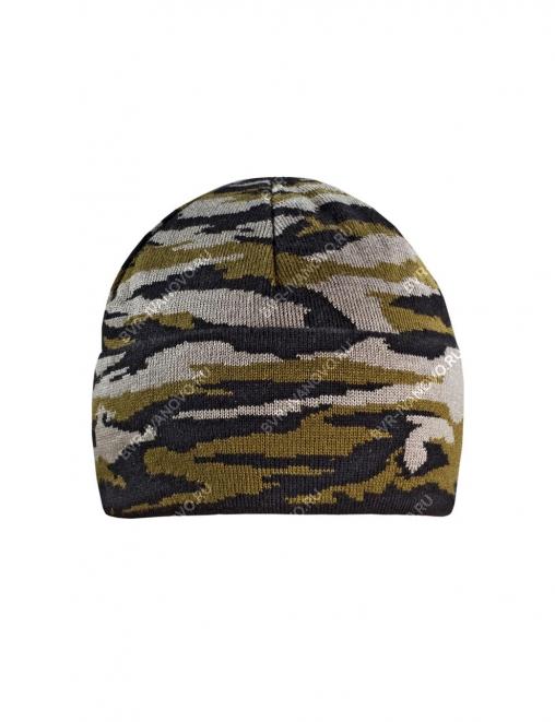 Шапка вязаная 2-х нитка с отворотом цв.Зеленый КМФ ут.Флис